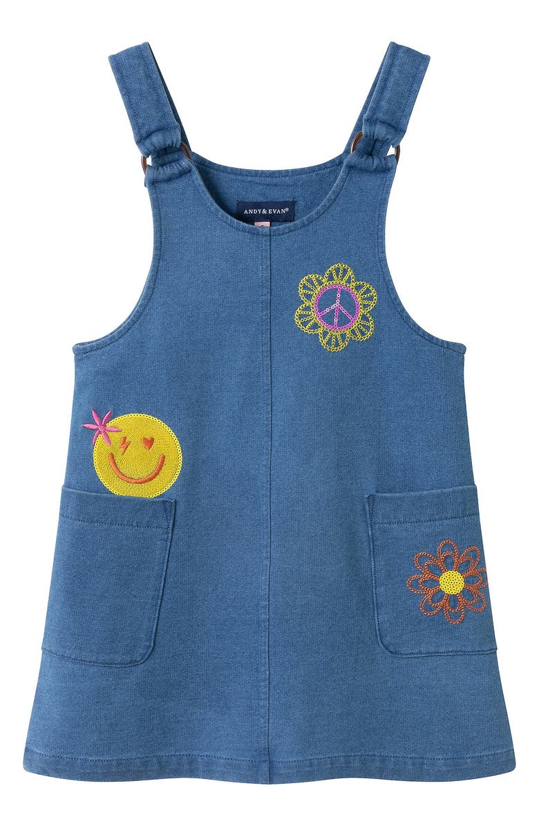 Andy & Evan Kids' T-Shirt & Patchwork Denim Dress, Alternate, color, Navy Smiley