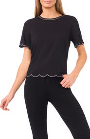 CeCe Embellished Scalloped Trim Jersey Top