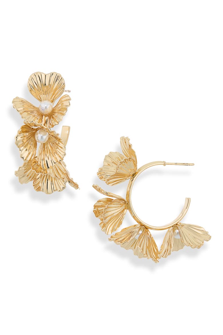 Faux Pearl Flower Hoop Earrings, Main, color, GOLD