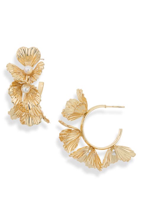 Faux Pearl Flower Hoop Earrings