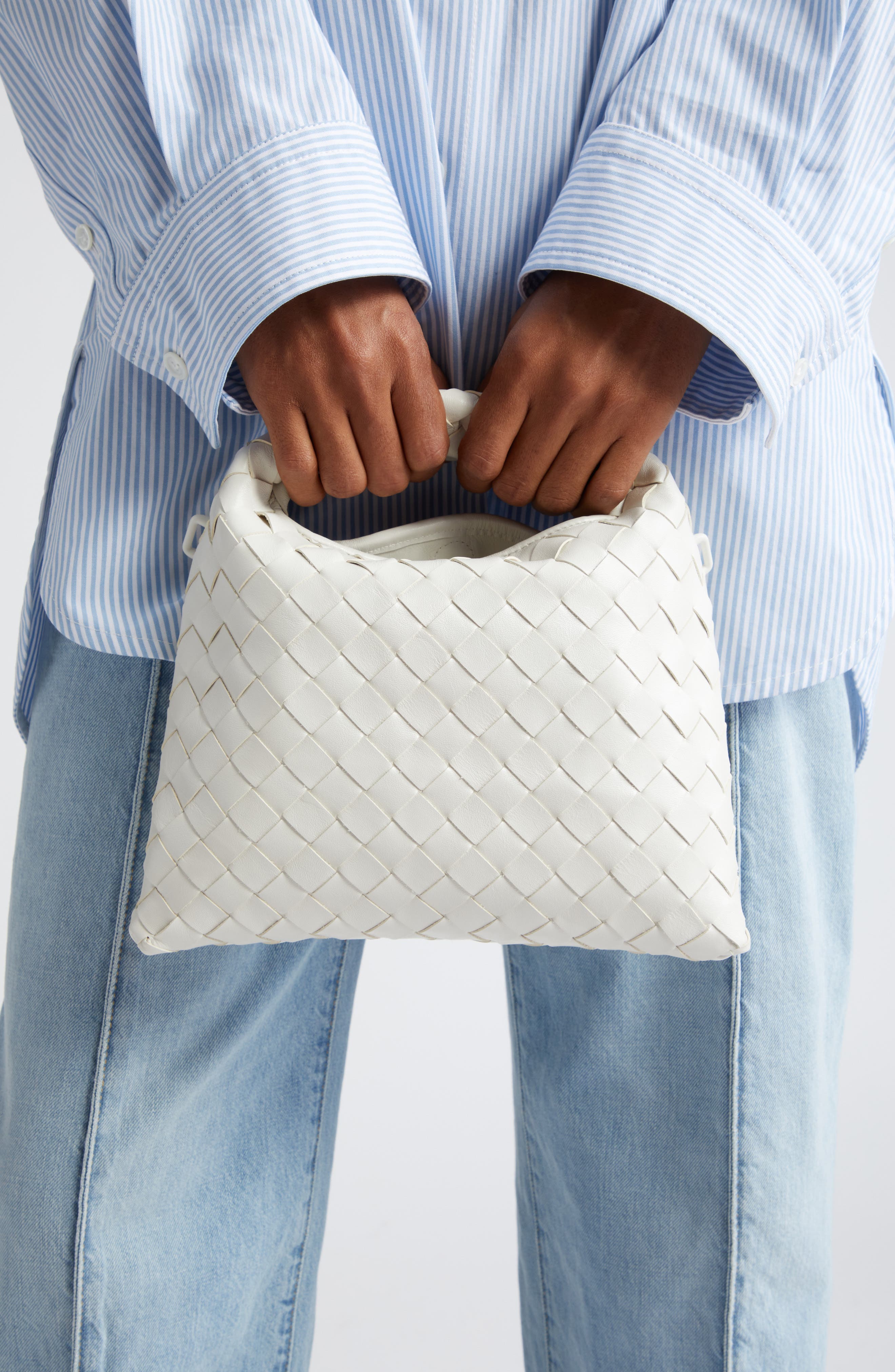 Mini Hop Intrecciato Leather Hobo Bag, Alternate, color, WHITE/ BRASS/ WHITE