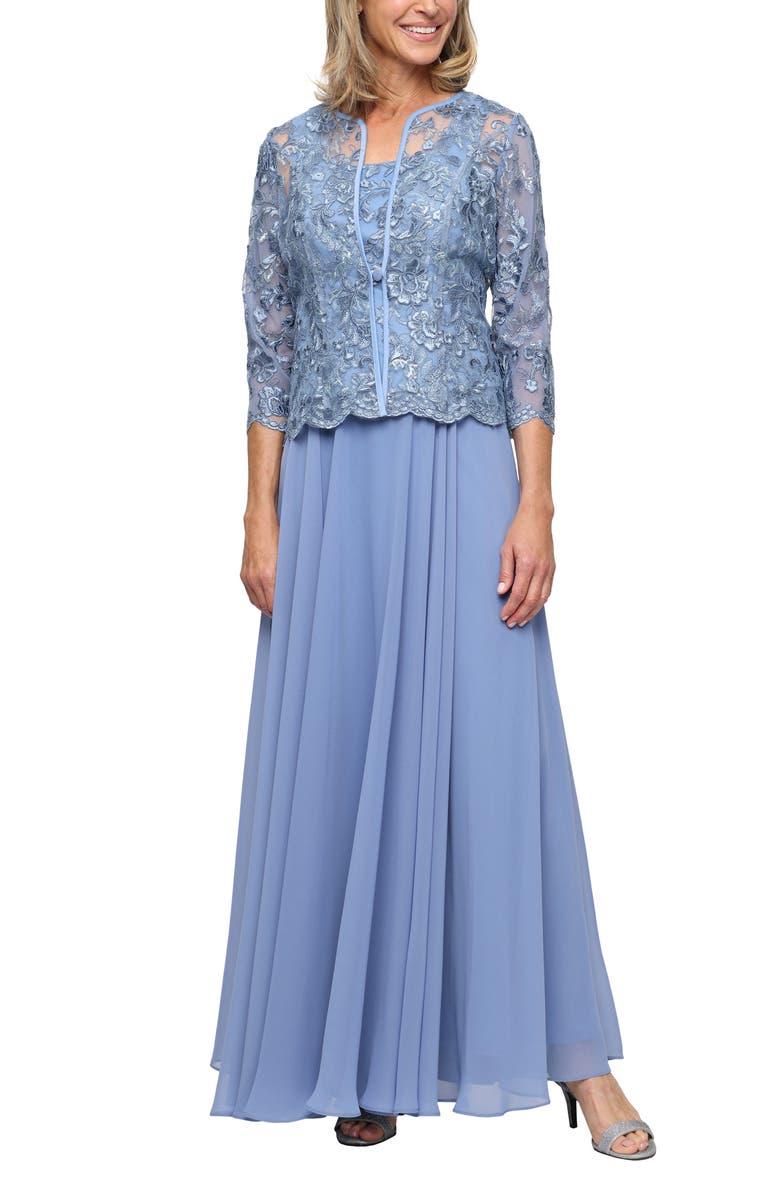 Alex Evenings Mixed Media Sleeveless Gown with Embroidered Jacket, Main, color, Dusty Blue