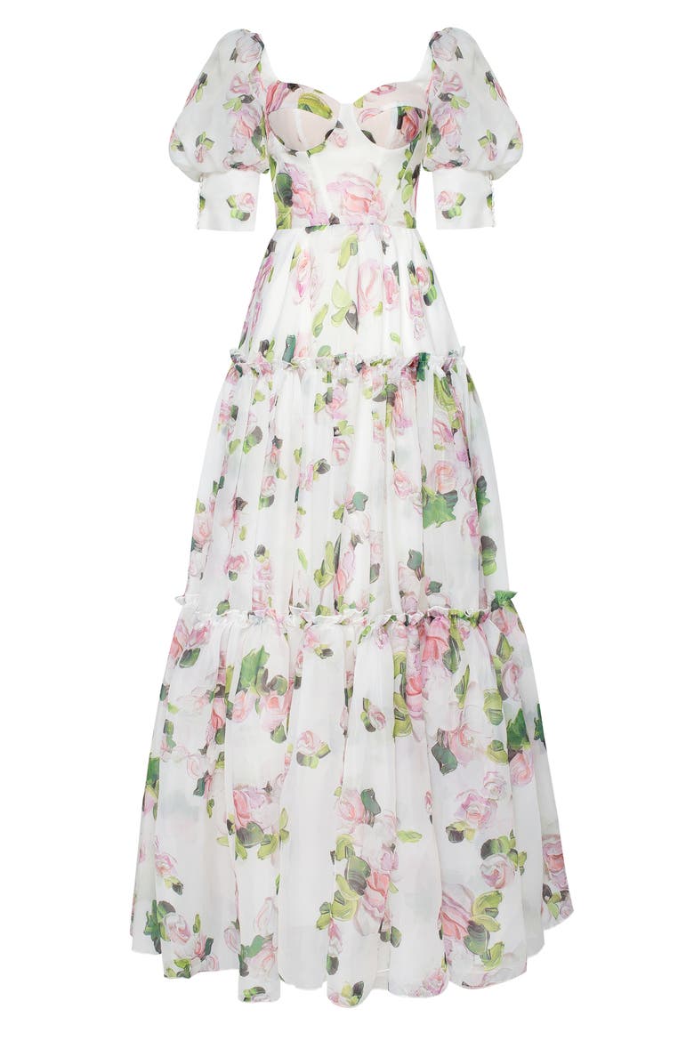Hydrangea Feminine Voluminous Sheer Sleeves Dress, Main, color, Apple Blossom