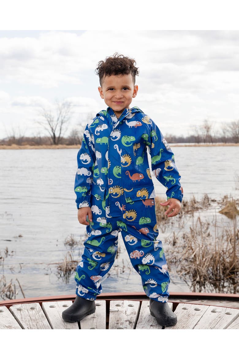 Boy Rain One-Piece Animal Print in Polyurethane, Alternate, color, Blue Chameleon Print