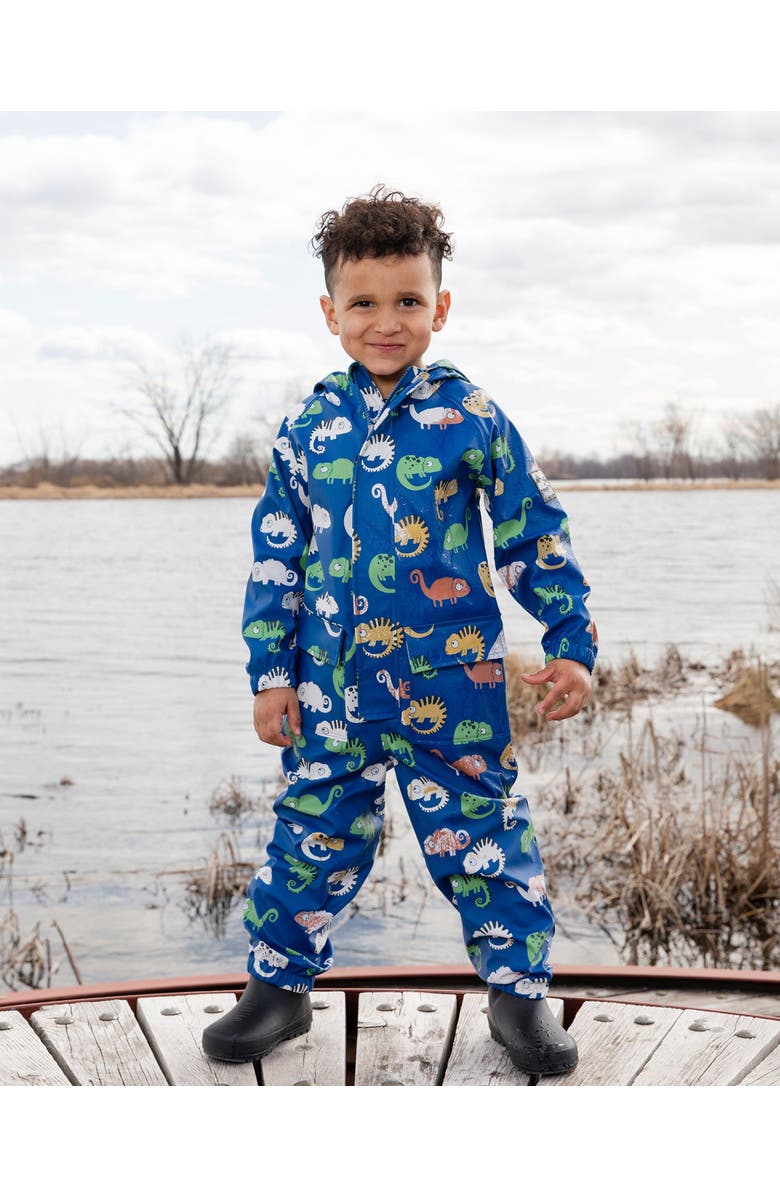 Deux par Deux Boy Rain One-Piece Animal in Polyurethane, Alternate, color, Blue Chameleon Print