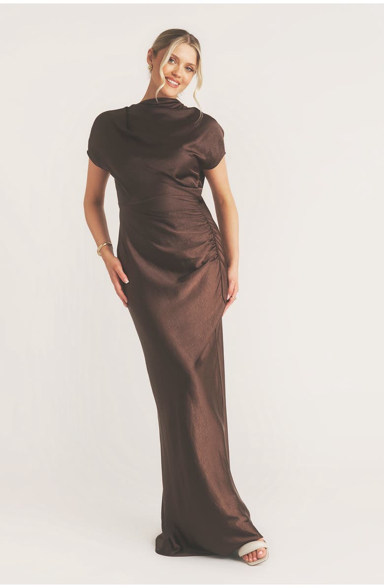 Six Stories Batwing High Neck Satin Bridesmaid Dress, Main, color, Chocolate