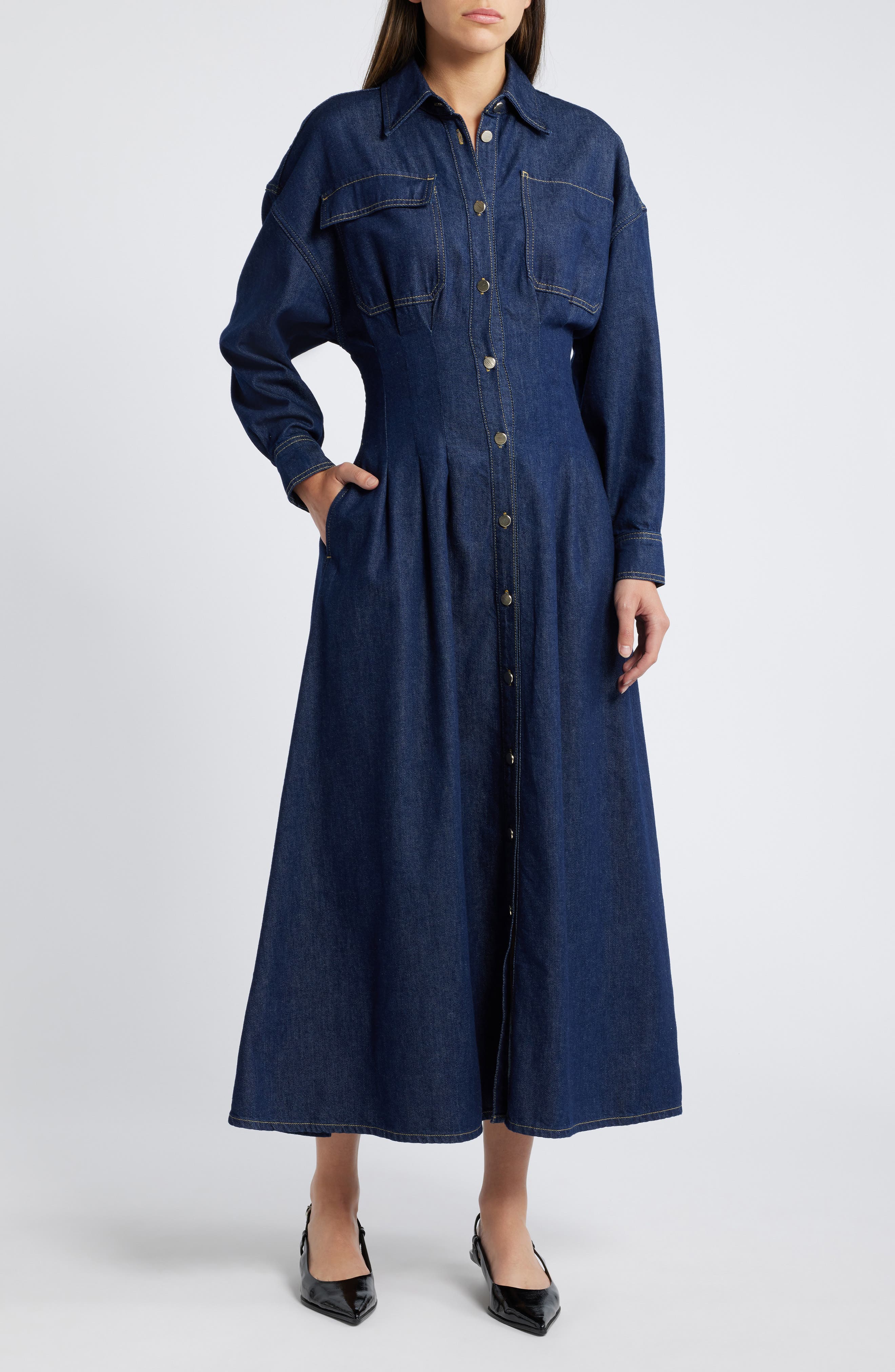 FRAME Nipped Long Sleeve Twill Maxi Dress