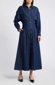 FRAME Nipped Long Sleeve Twill Maxi Dress