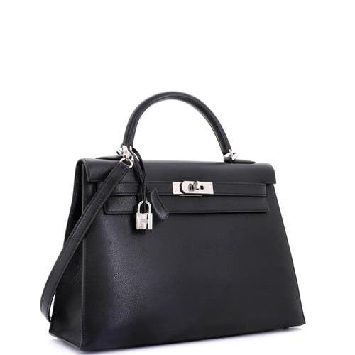 Pre-owned Hermes  Hermes Kelly Handbag Black Veau Grain Lisse With Palladium Hardware 32 In Black