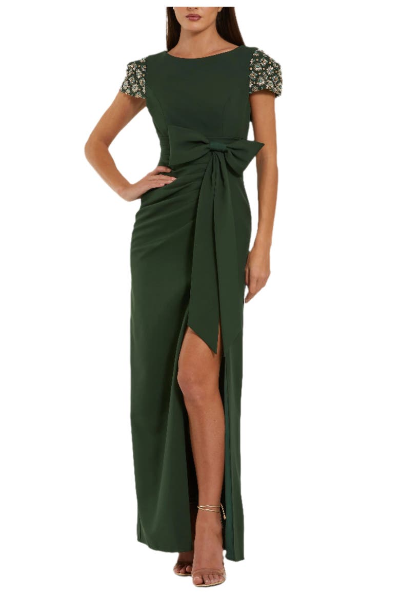 Mac Duggal Women's Beaded Cap Sleeve Crepe Gown With Bow and Slit, Main, color, Forest Green