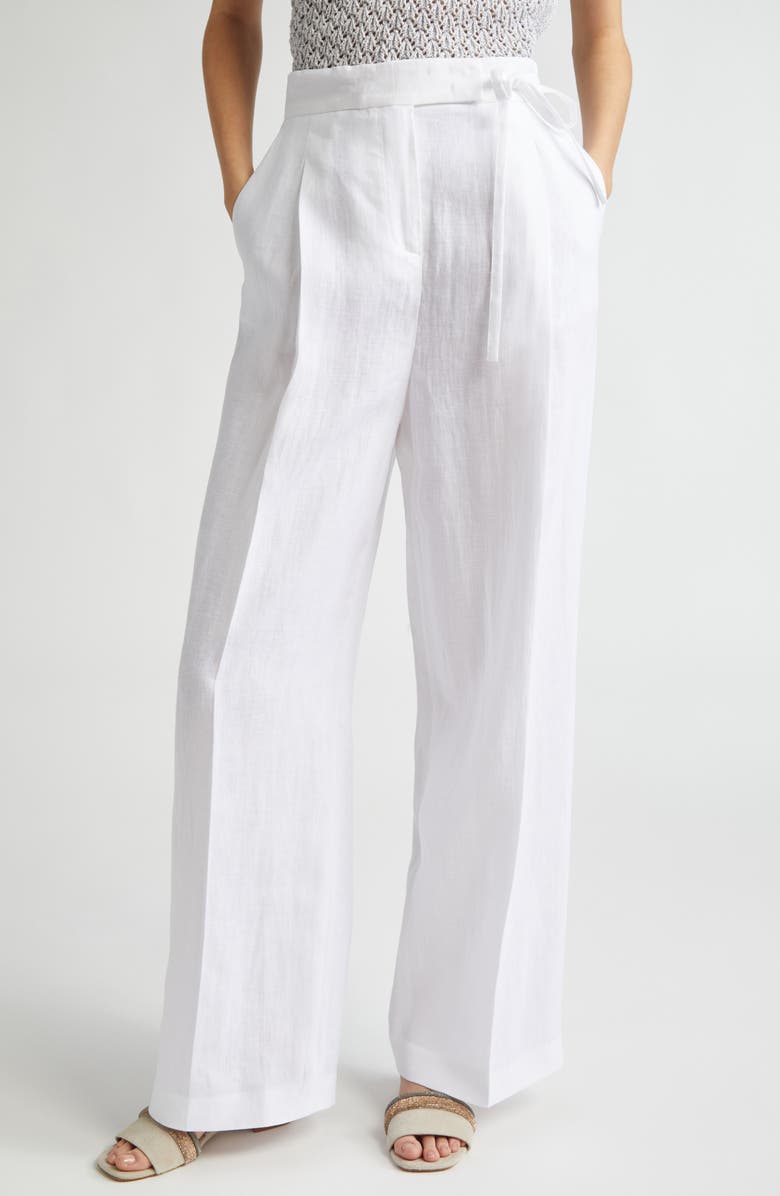 Eleventy Pleated Tie Waist Linen Wide Leg Pants, Main, color, White