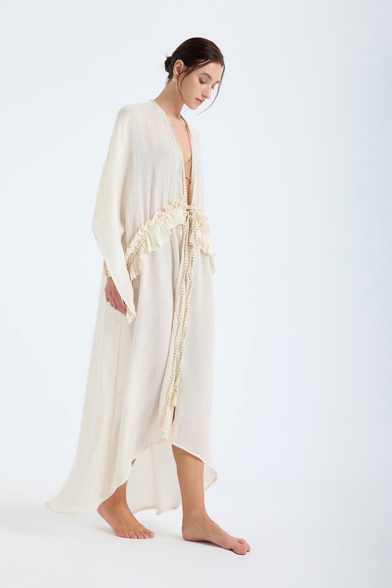 Leora 100% Cotton With Gold Braided Details Maxi Kimono, Alternate, color, Ivory