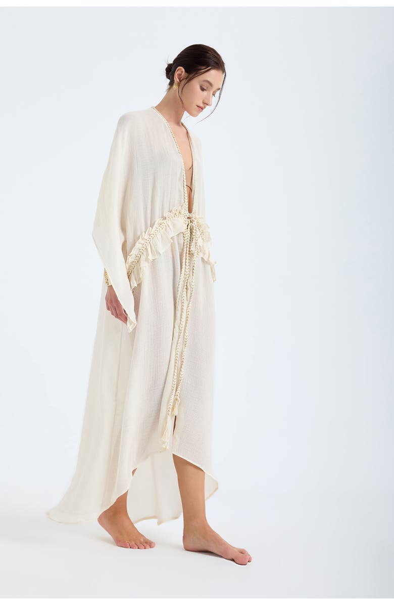 Monlicia Leora 100% Cotton With Gold Braided Details Maxi Kimono, Alternate, color, Ivory