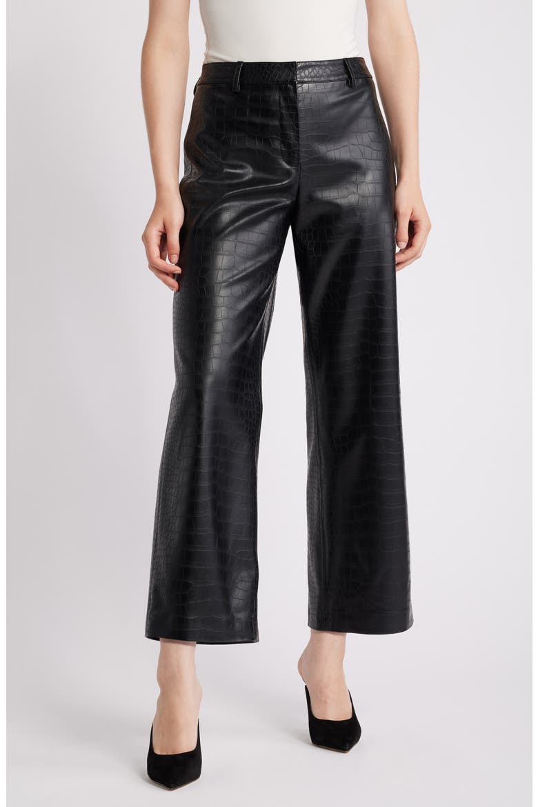 Croc Embossed Faux Leather Crop Wide Leg Pants, Main, color, BLACK