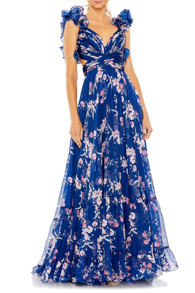 Ruffle Tiered Floral Cut-Out Chiffon Gown, Main, color, BLUE MULTI