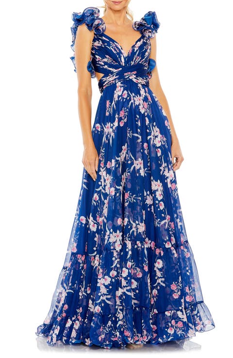 Ruffle Tiered Floral Cut-Out Chiffon Gown
