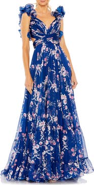 Ieena for Mac Duggal Ruffle Tiered Floral Cut-Out Chiffon Gown