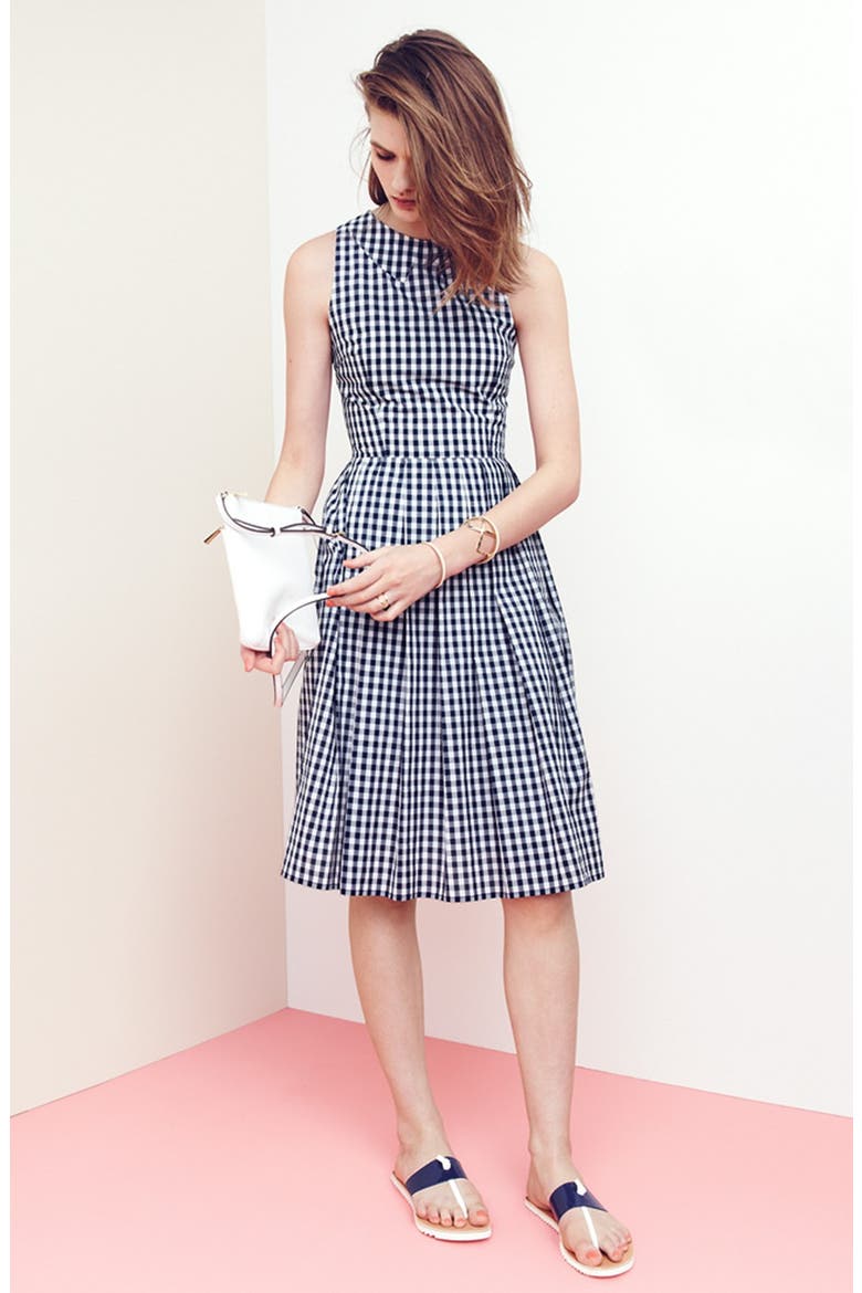 Gingham Cotton Fit & Flare Midi Dress, Alternate, color, NAVY/ WHITE