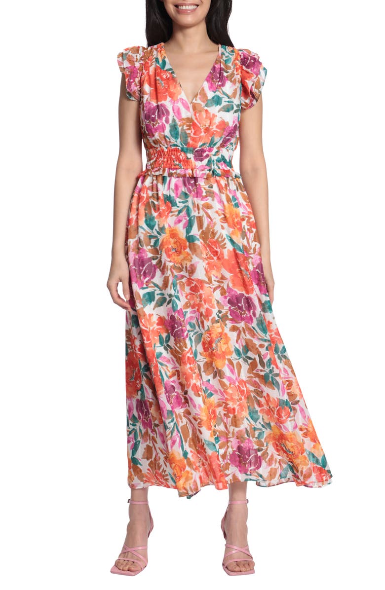 Maggy London Floral Print Ruffle Smocked Maxi Dress, Main, color, 