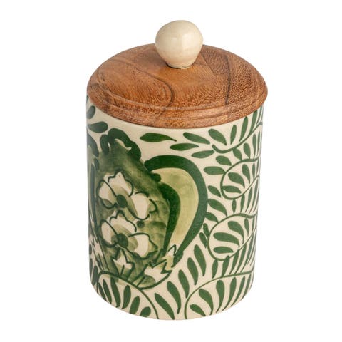 Stoneware Canister with Botanical Design and Acacia Wood Lid