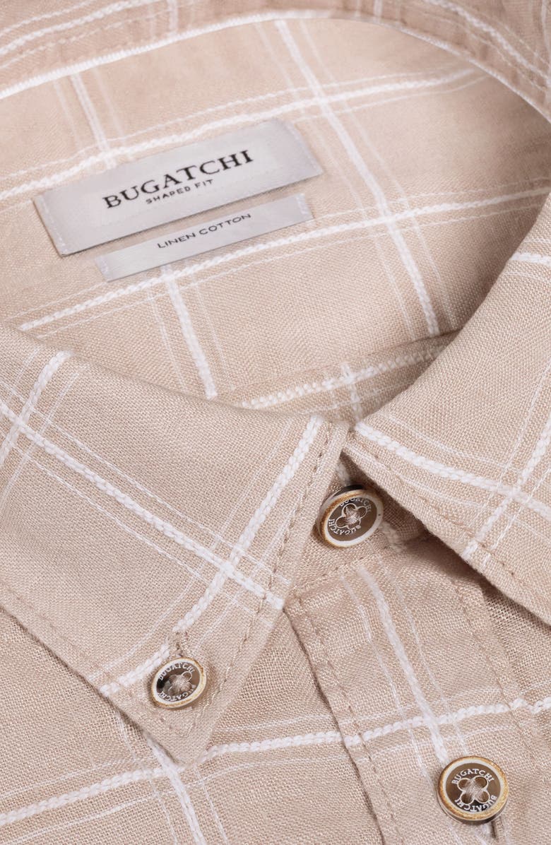 Bugatchi Austin Shaped Fit Windowpane Check Linen & Cotton Button-Down Shirt, Alternate, color, Desert