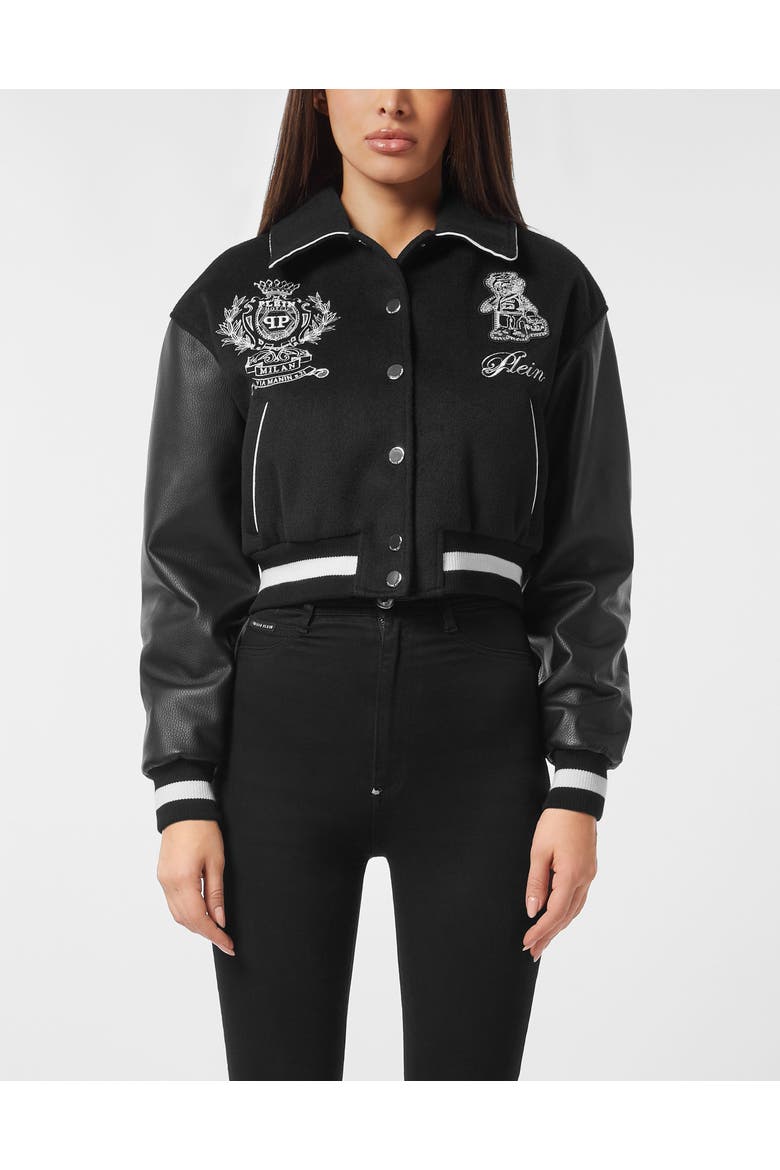 Wool And Leather College Bomber Teddy Women, Main, color, black