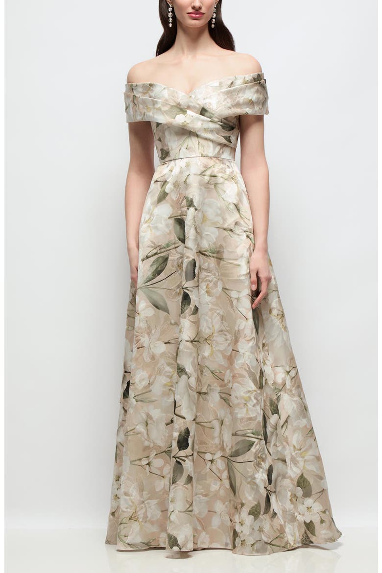 Karr Metallic Floral Jacquard Off the Shoulder Organza Gown, Main, color, PLUMERIA FLORAL PRINT