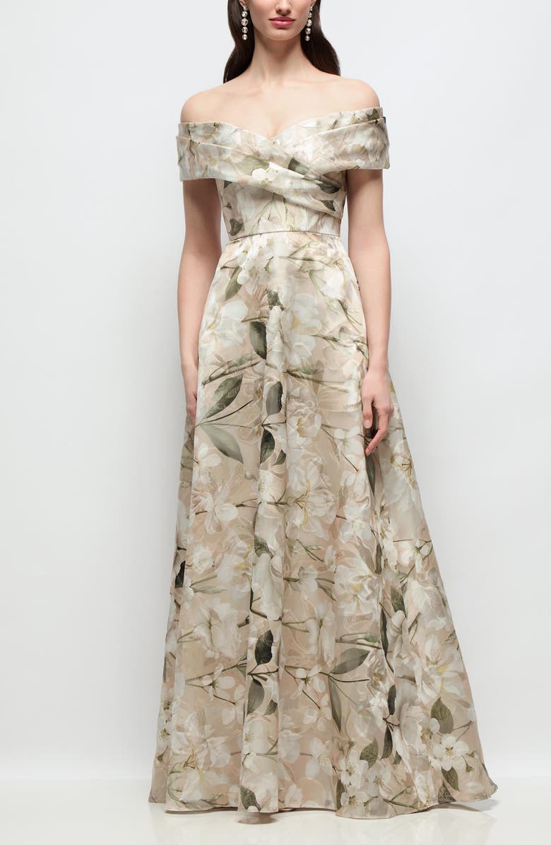 Dessy Collection Karr Metallic Floral Jacquard Off the Shoulder Organza Gown, Main, color,