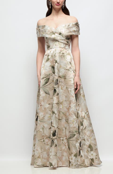 Karr Metallic Floral Jacquard Off the Shoulder Organza Gown