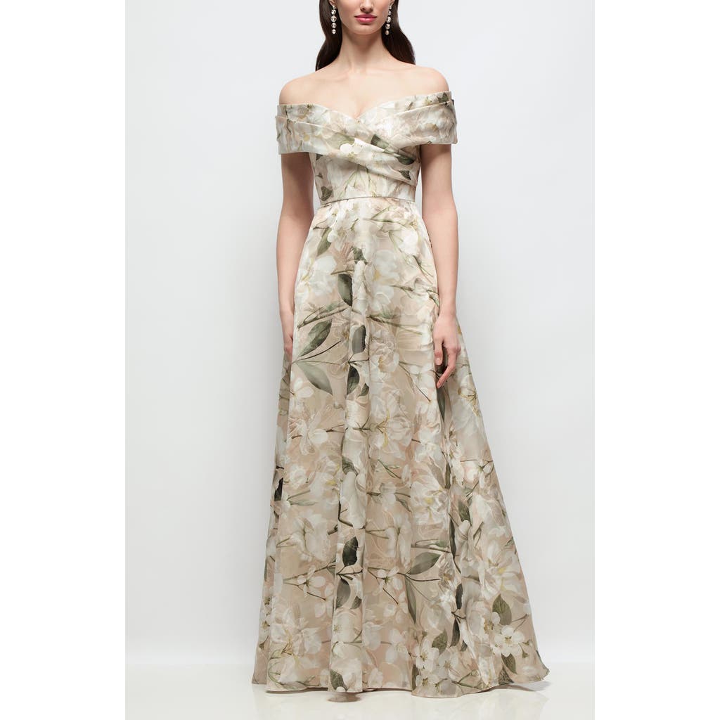Dessy Collection Karr Metallic Floral Jacquard Off the Shoulder Organza Gown in Plumeria Floral Print at Nordstrom, Size 12