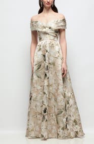Dessy Collection Karr Metallic Floral Jacquard Off the Shoulder Organza Gown