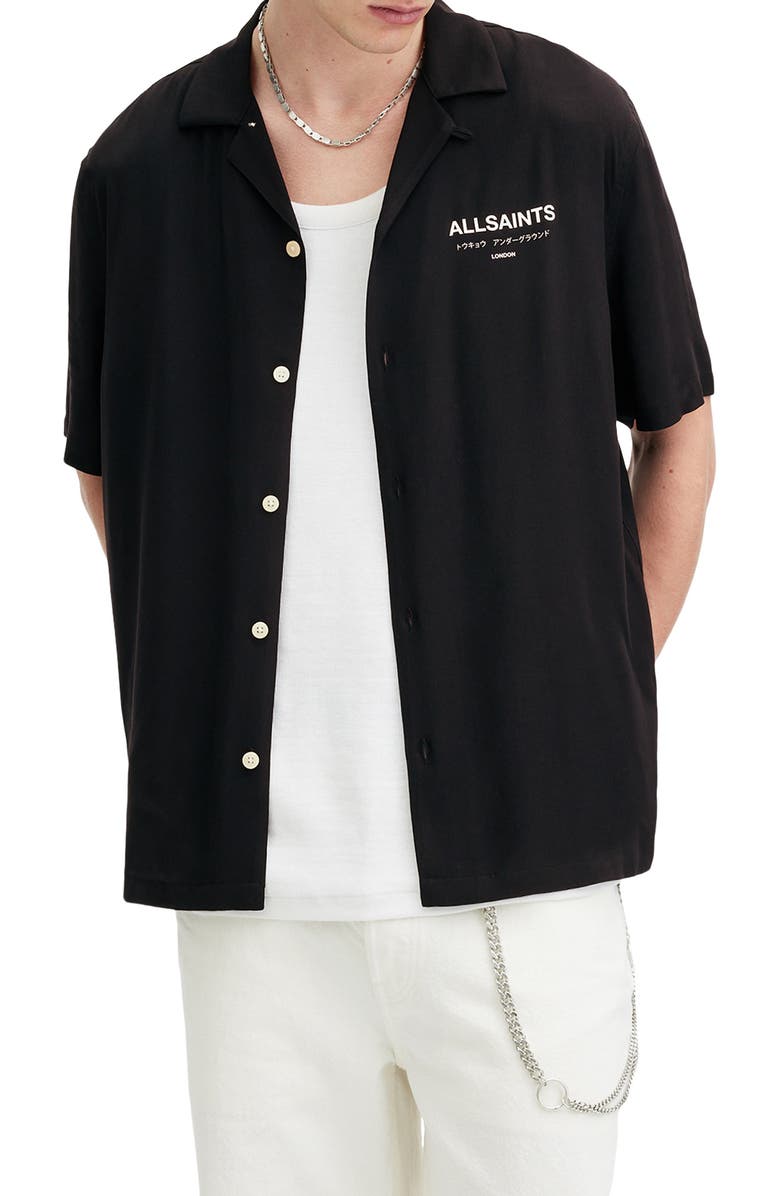 AllSaints Underground Logo Graphic Camp Shirt, Main, color, 