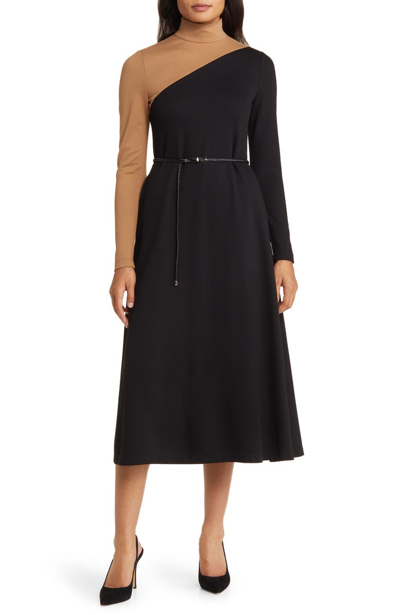 Anne Klein Colorblock Belted Long Sleeve Midi Dress, Main, color,