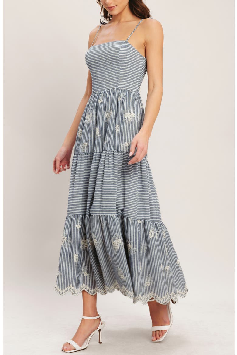 Stripe Floral Embroidered Tie Shoulder Midi Dress, Alternate, color, STRIPED INDIGO