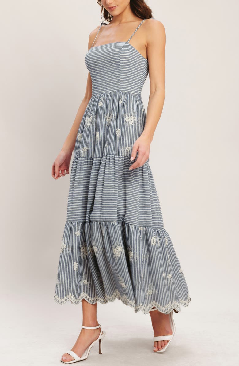 FLYING TOMATO Stripe Floral Embroidered Tie Shoulder Midi Dress, Alternate, color, Striped Indigo