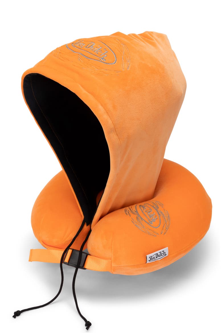 Pinstripe Hooded Memory Foam Travel Neck Pillow, Main, color, Orange