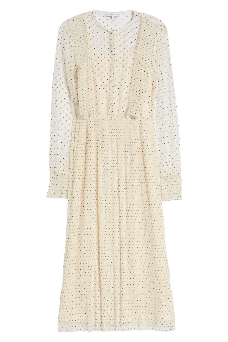 Polka Dot Long Sleeve Ruffle Mesh Midi Dress, Alternate, color, IVORY