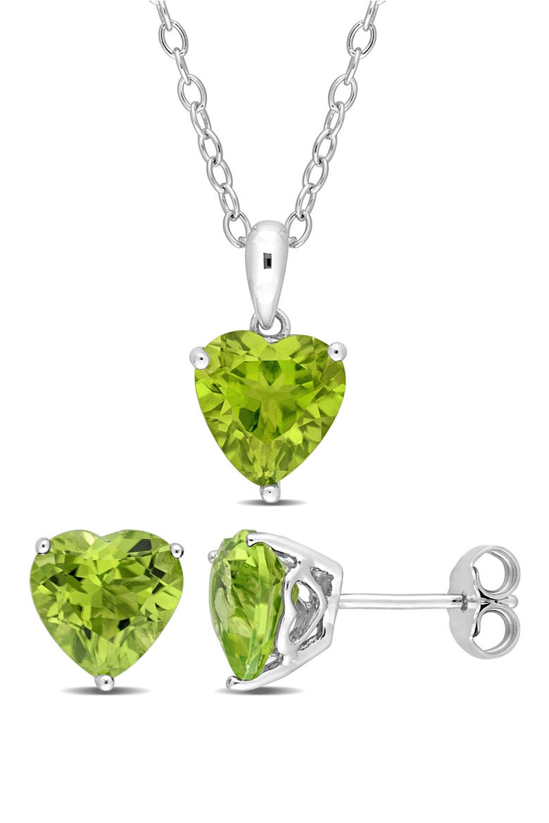Sterling Silver Peridot Heart Stud Earrings & Necklace Set, Main, color, GREEN