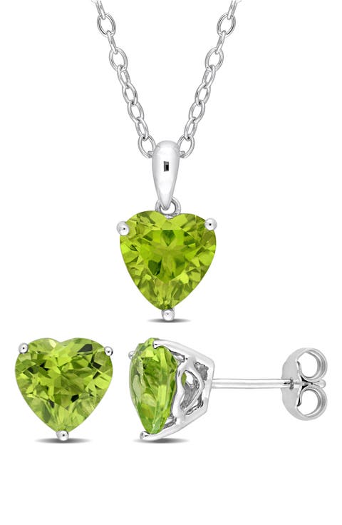 Sterling Silver Peridot Heart Stud Earrings & Necklace Set