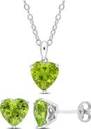 DELMAR Sterling Silver Peridot Heart Stud Earrings & Necklace Set