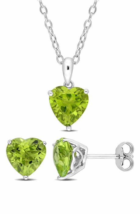 DELMAR Sterling Silver Peridot Heart Stud Earrings & Necklace Set