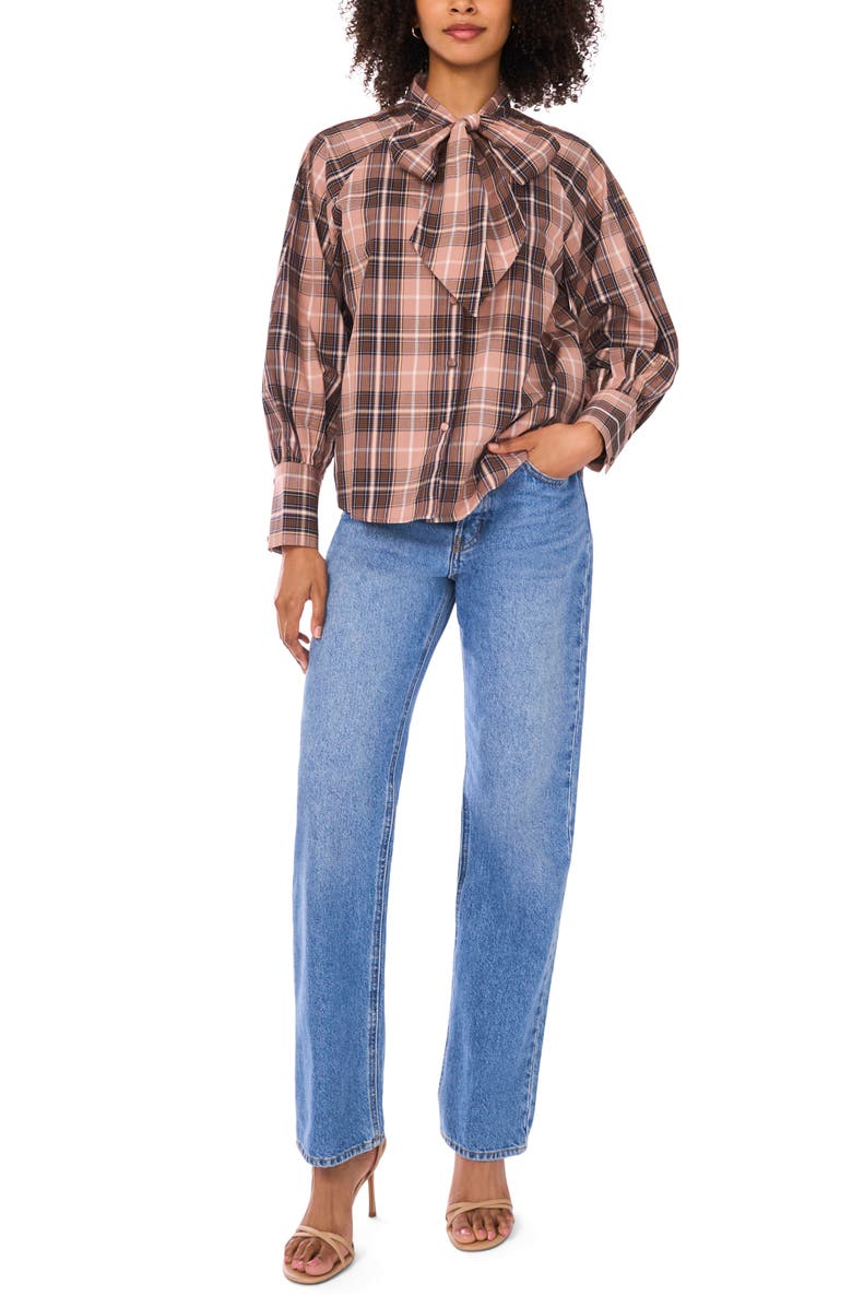 Halogen<sup>®</sup> Plaid Tie Neck Button-Up Shirt, Alternate, color, Roebuck