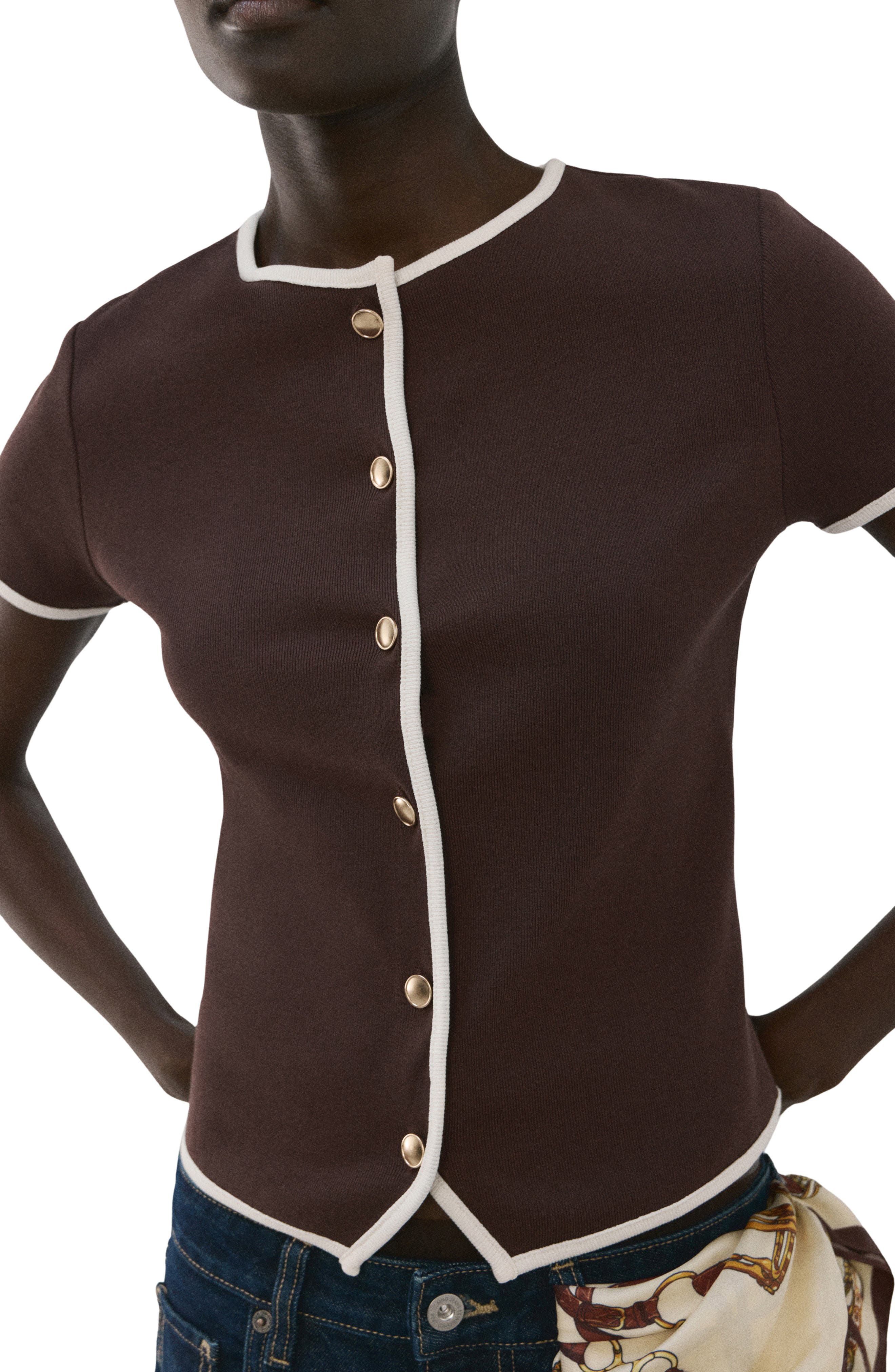 Piped Trim Cotton Button-Up Top