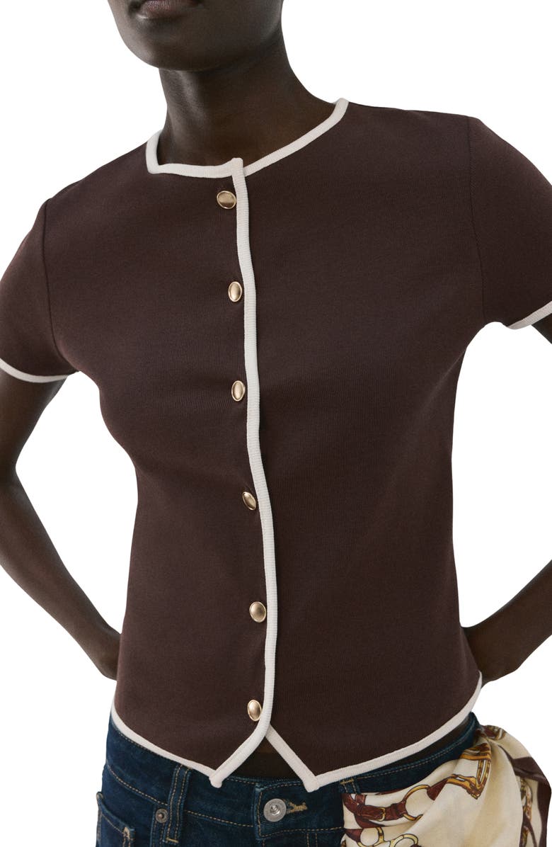 MANGO Piped Trim Cotton Button-Up Top, Main, color, Chocolate