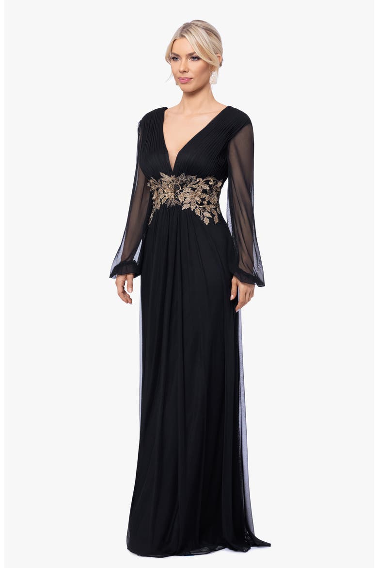 Metallic Floral Appliqué Long Sleeve Gown, Alternate, color, BLACK/ GOLD