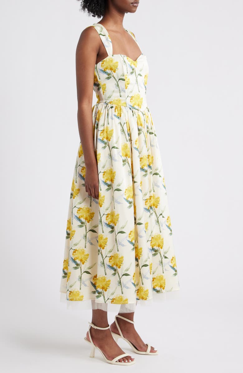 Lulus Nadia Floral Satin Midi Dress, Alternate, color, Yellow Floral