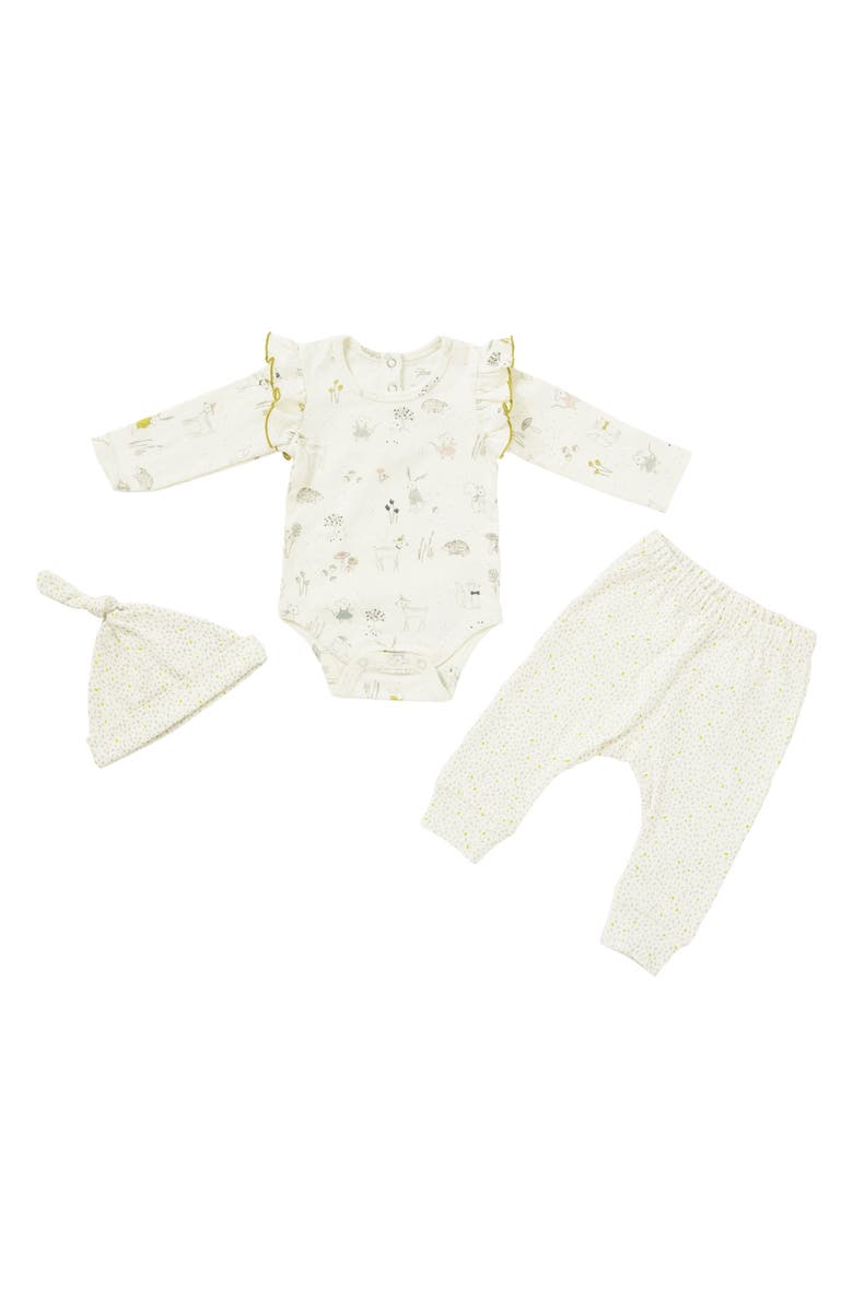 Pehr Magical Forest Organic Cotton Bodysuit, Pants & Knotted Hat Set, Main, color, 