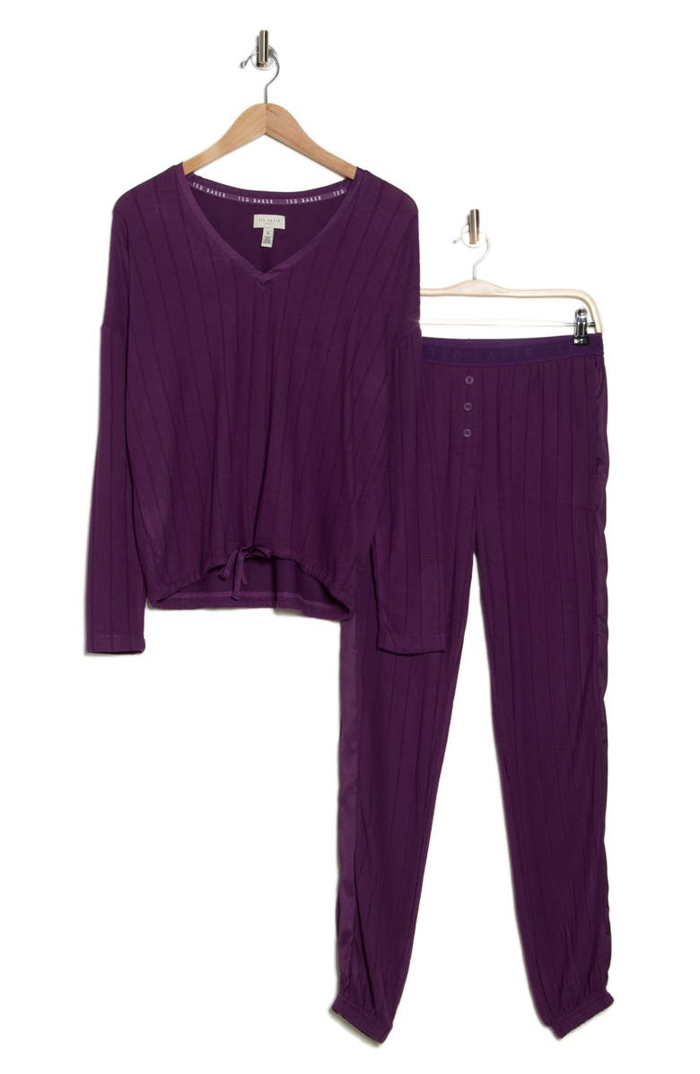 Ted Baker London Rib Knit Jogger Pajamas, Alternate, color, Plum
