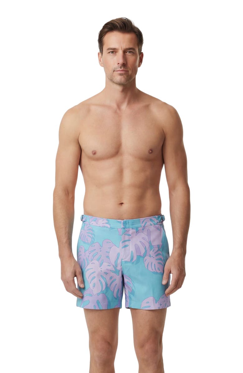 Lords of Harlech Monstera Floral Mens Tailored Swim Short, Main, color, Monstera Floral Teal