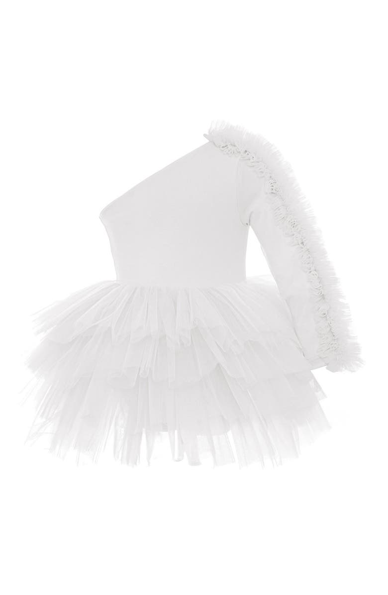 Mini Celebrities Bella One Shoulder Long Sleeve Ruffle Tutu Dress, Main, color, White Lily